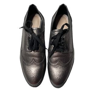 Zara Woman Metallic Pewter Wedge Platform Wingtip Oxford Shoes Womens Size EU 39